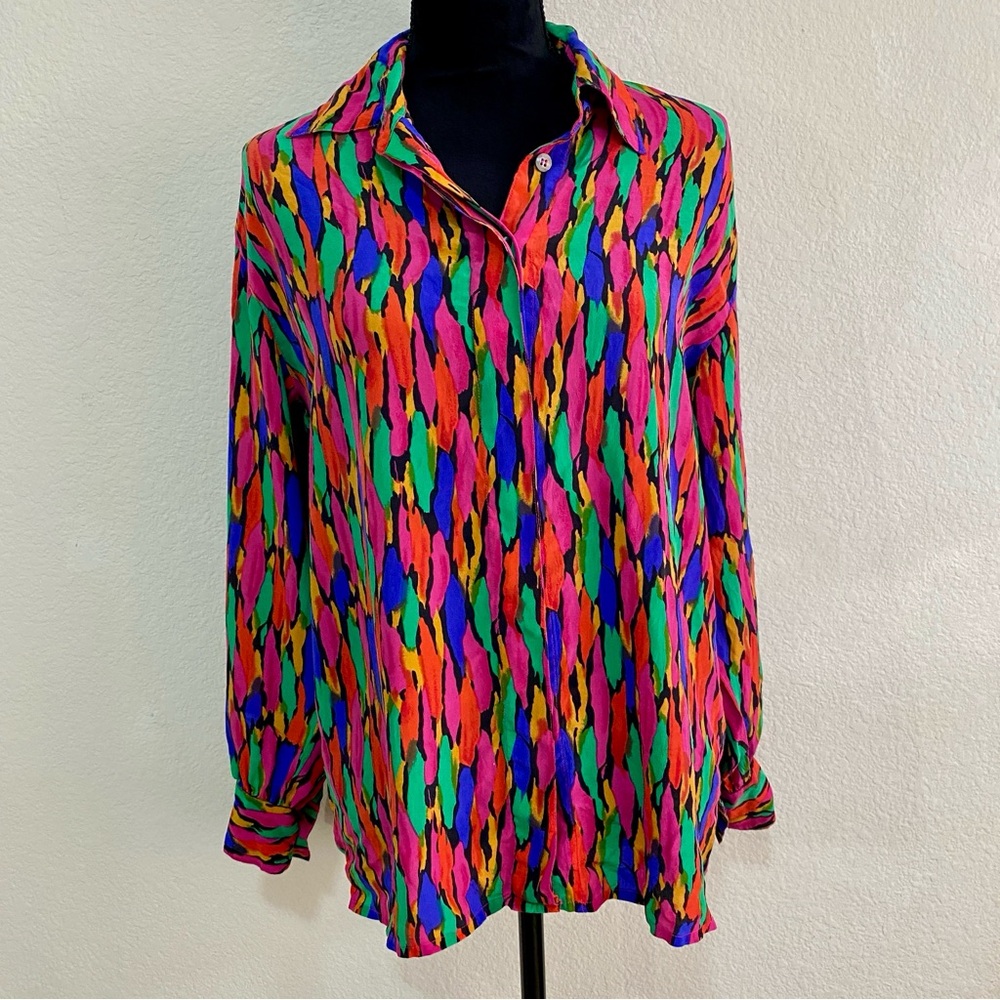 VTG J. Renee' 100% Silk Abstract Brushstroke Blouse Bold Bright Colorful 90s
